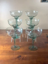 6x Vintage Hand-Blown Green Tint MARGARITA GLASSES 7” Tall MEXICO