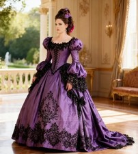 Renaissance Victorian Evening Dress Retro with Black Lace Medieval Sweep Train