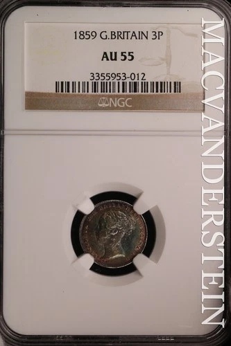 Great Britain: 1859 Three Pence - NGC AU 55 - Scarce Almost Unc #SLT786