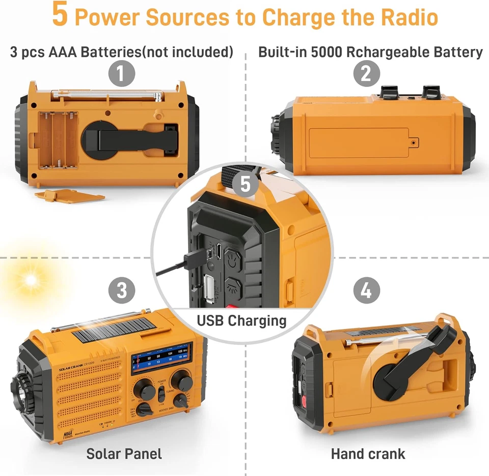 Emergency Radio with NOAA Weather Alert, Portable Solar Hand Crank AM/FM Radio f - Image 3 of 4