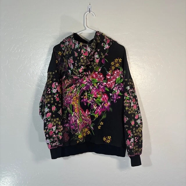 Sudadera con Capucha Desigual Para Mujer Pequeña Arte Floral Negra Multi Pullover Foto 4 de 4