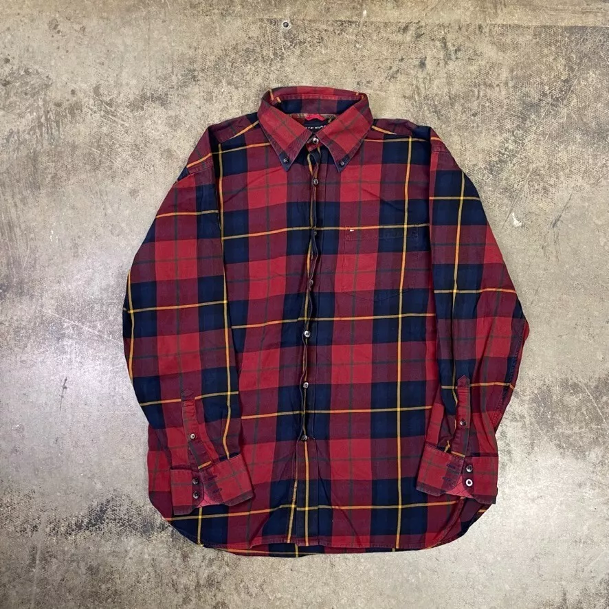 Tommy Hilfiger Shirt Checkered Y2K Vintage Button Up Top Red Mens Large