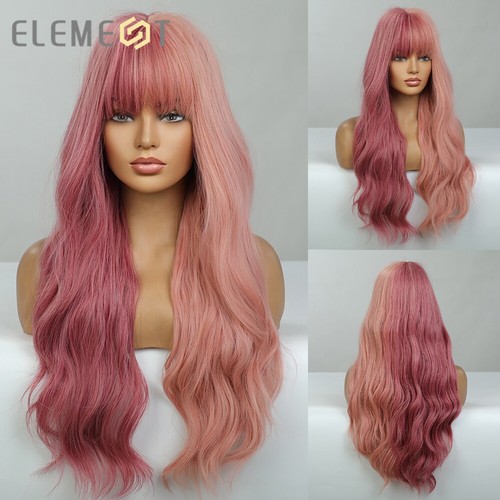 Long Half Red Pink Wavy Hair Wigs With Bangs For Women 26 In Cospaly Party Wig Ebay