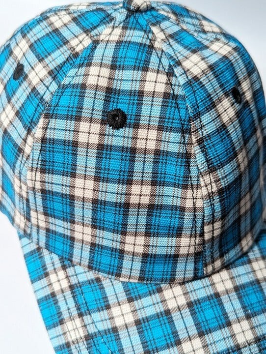 Ganni Unixsex Cotton Canvas Baseball Cap Check Azure Blue 