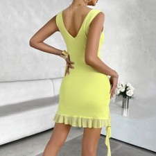 Femme Moulant Col V Robe Été sans Manche Ruche Cocktail Fête Clubbing Sexy