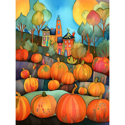 Bauernhaus Halloween Kürbis Aufnäher Volkskunst riesiger Wandkunstdruck Bild 18 x 24 Zoll