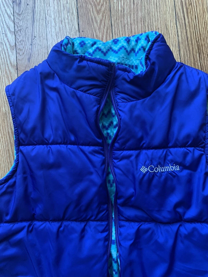 Chaleco acolchado reversible Columbia para mujer talla L (14-16) diseño tribal púrpura/verde azulado Foto 2 de 4