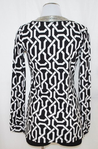 CHIC INC Black White Silver Beaded Neck Stretch Slinky Tunic Top Blouse S - Picture 2 of 3