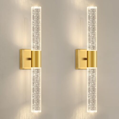 Brushed Gold LED Wall Sconces Set of 2 with LED Warm Light Interior Glam Crys...