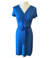 Talbots Surplice Dress Size Petite MEDIUM Blue Short Sleeve Belted Career Work