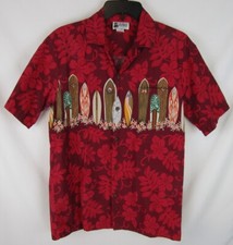 Vintage Aloha Republic Hawaiian Shirt-Size Medium-Red/Surfboards-Made in USA-EUC