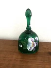 Fenton Green Glass Bell W/ Hand Painted Flowers TJ Mendenhall