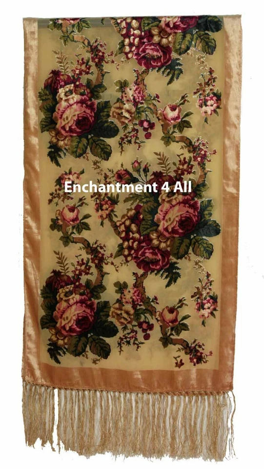Шикарный 100% шелк выгорания бархата винтажный цветочный продолговатый шарф шаль надежном, верблюд - Изображение 2 из 4