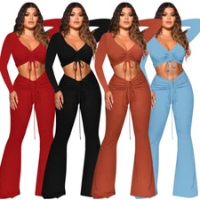 Sexy Women's V Neck Drawstring Long Sleeves Club Wide Leg Jumpsuit Outfits 2pcs
