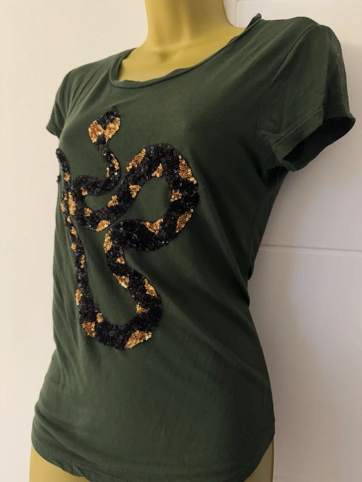 H&M Green Sequin Snake T-Shirt Women’s Size M Graphic Tee Boho Rock Chic Style - Image 3 of 4