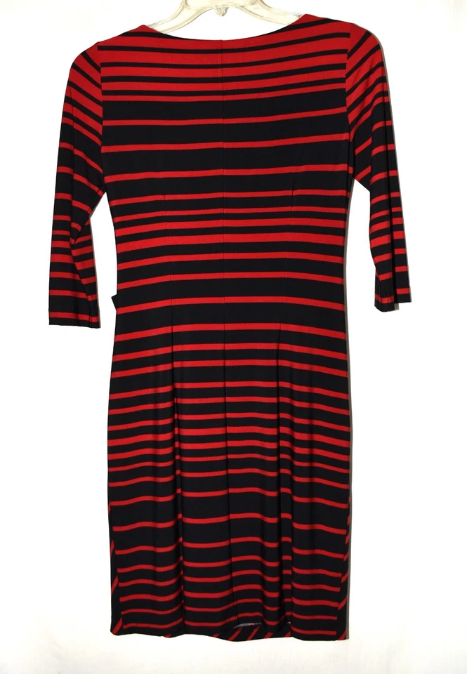 Vestido Coldwater Creek Negro Rojo Rayas Ruche Cintura con Lazo Elástico Talla 4M Foto 4 de 4