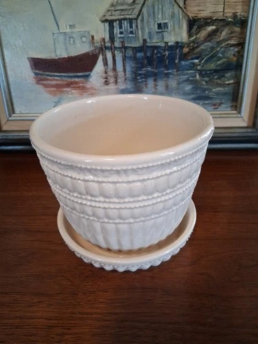 1960’s McCoy Pottery 6" Gloss Ivory Beaded Flower Pot With Attached Saucer