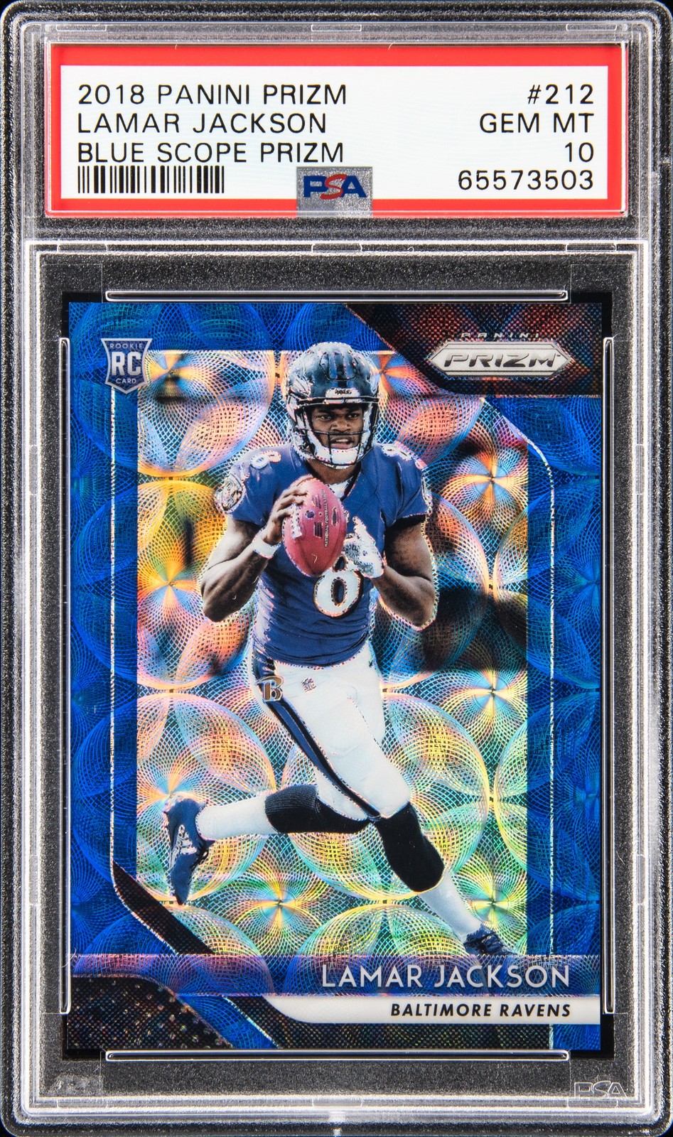 2018 PANINI PRIZM BLUE SCOPE PRIZM #212 LAMAR JACKSON ROOKIE RC 76/99 PSA 10