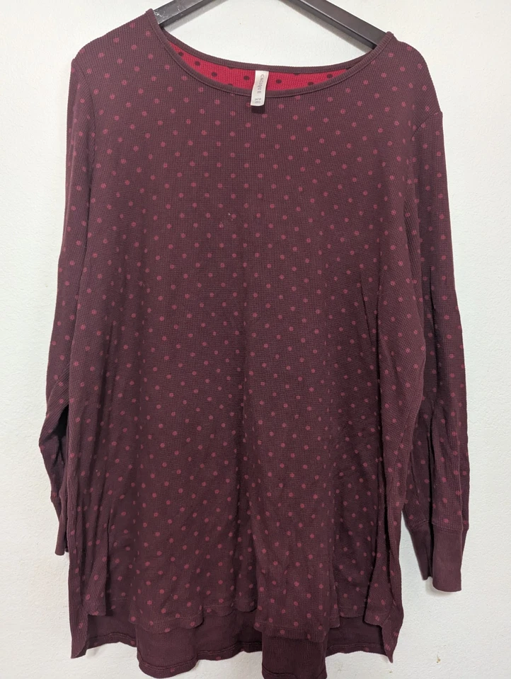 Cacique Thermal Sleepwear Top Women’s 14/16 Burgundy Polka Dot Long Sleeve A1 - Image 2 of 4