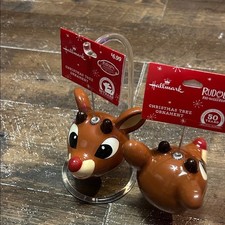 2 Hallmark Rudolph the Red Nosed Reindeer Ornament Retired 50th Anniversary 3"