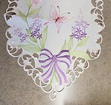 Spring Butterfly and Bow on White Table Runner Embroidered Cutwork 13" x 68" NWT