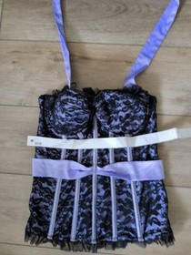 Ann Summers Black & Lilac Satin & Lace Boned Corset Top Size 14