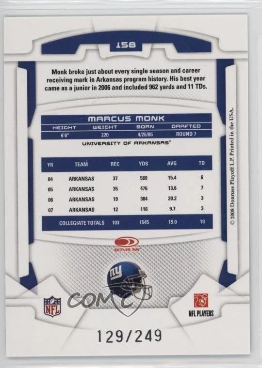 2008 Leaf Rookies & Stars Rookie Longevity Parallel Silver /249 Marcus Monk RC - Image 2 of 2