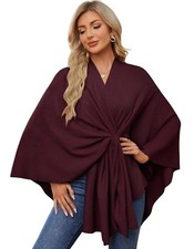 Women's Elegant Shawl Wraps Soft Open Front Poncho Sweater Front Tab-burgundy