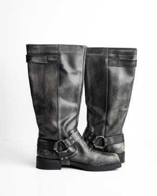 Pull&Bear Womens Leather Biker Boots Knee High Buckles EU 41 US 10 Gray distress