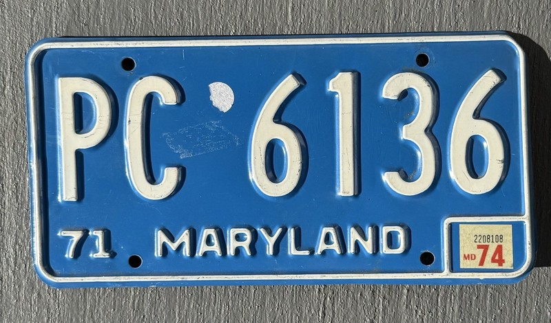 Vintage 71 MD License Plate 1971 Maryland Lic 74 Expiration 1974