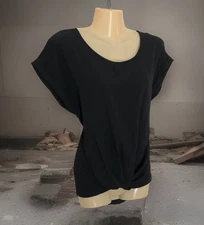Easy Care Popover Blouse Size Medium Solid Black Twist Front Cap Sleeve