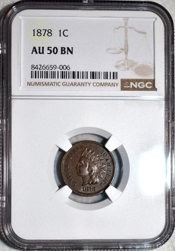 NGC AU-50 BN 1878 Indian Head Cent, Razor-Sharp & Lightly Lustrous.