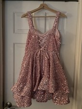 Pink Sequin Velour Corset Short A Line Scoop Neck Evening Gown Size 12