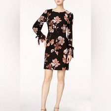 Nine West Black Floral Print Long Sleeve Knee Length Dress