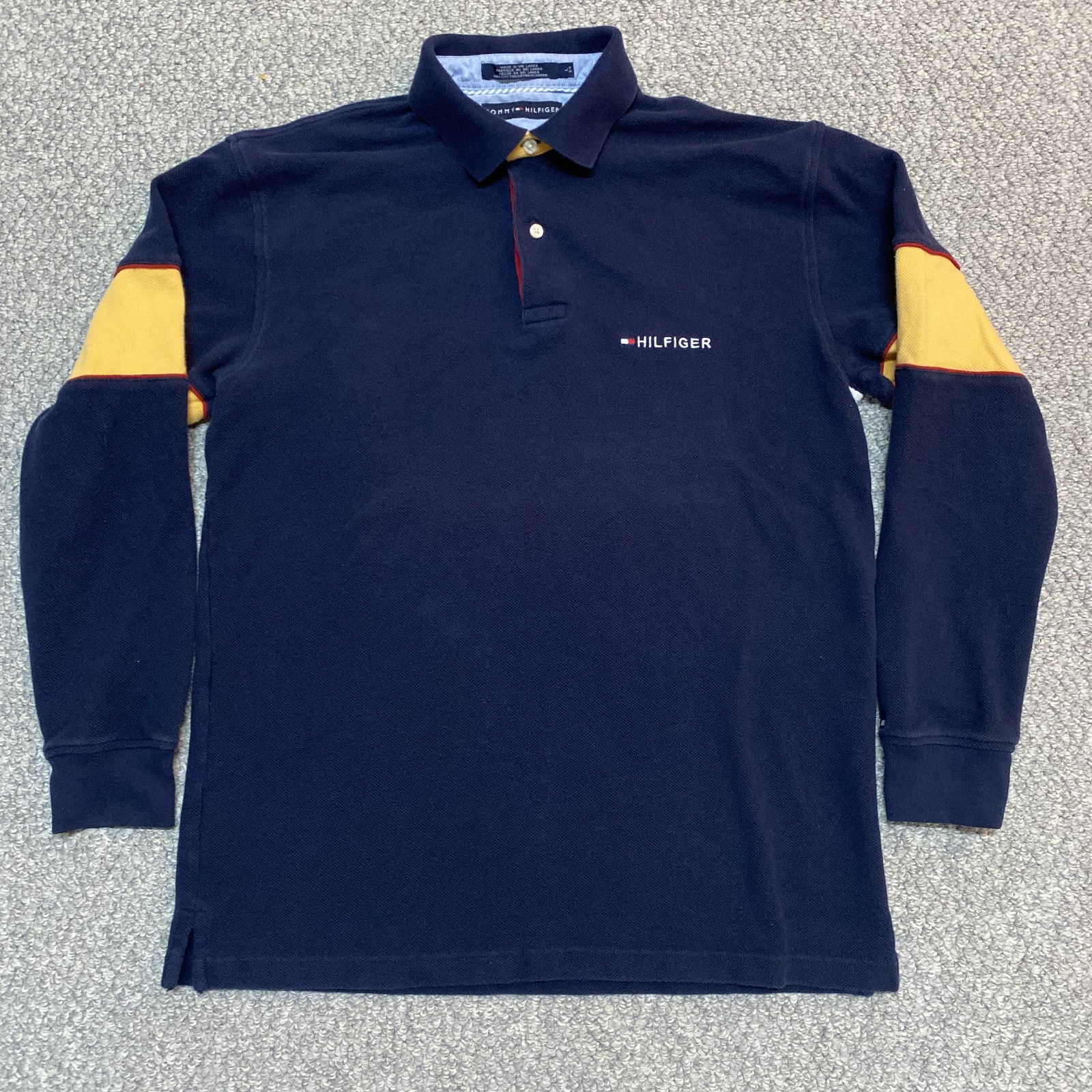 Vintage Tommy Hilfiger Men's Polo Shirt Long Sleeve Navy Striped Flag Large