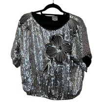 Vintage Unbranded Womens 100 Silk Silver Sequin Beaded Floral Blouse Maximalist