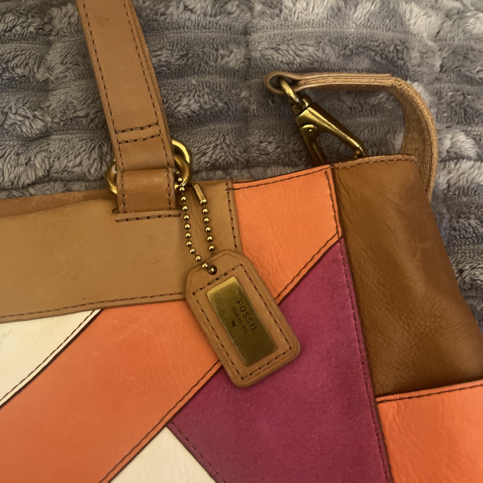 Fossil Brown Large Leather Patchwork Shoulder Bag - image 5