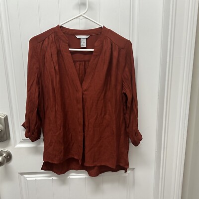 H&M Flowy Button Front Top Gauzy Flowy V Neck Orange Red Rust