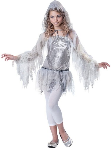 Sassy Tween Ghost Spirit Girl's Teen Costume Large 12-14 Tutu white Gray Scary