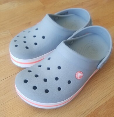 Crocs Unisex Crocband Clogs - Light Grey, White and Orange Stripe 11016 SZ M5 W7