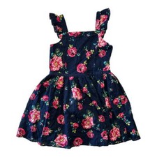 Zunie Girl 4-5 Floral Cotton Pleated Square Neck Ruffle Knee-Length A-Line Dress
