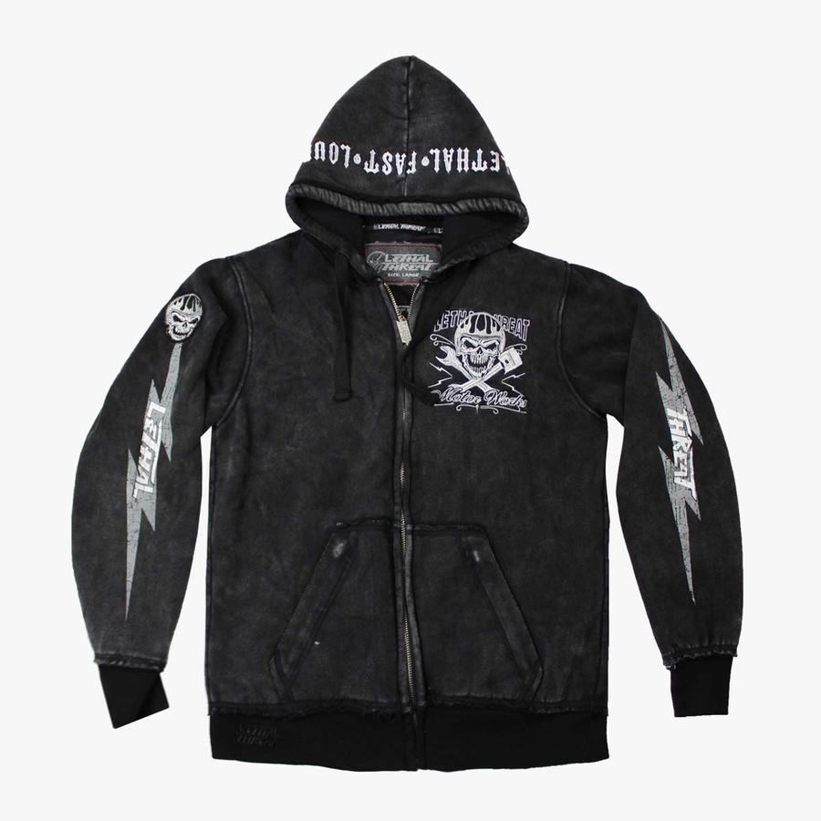 Lethal Threat Faster Skull Washed Motorcycle Biker Hoodie