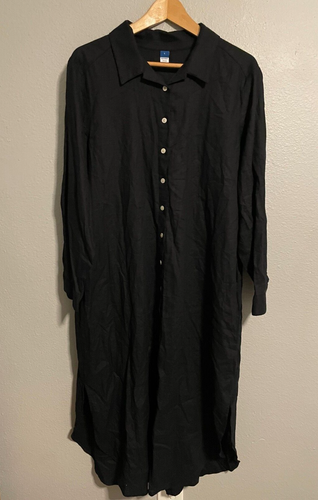 OId Navy Women Shirt Dress Large Black Linen Blend Button Up Side Slit Lagenlook
