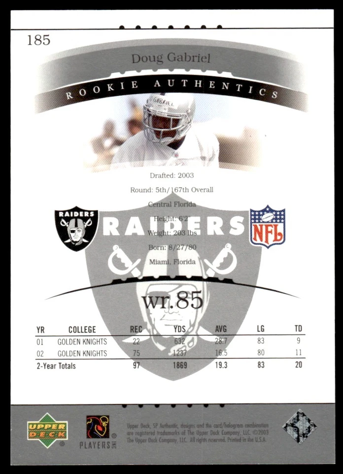 2003 SP Authentic Doug Gabriel Rookie 1128/1200 Oakland Raiders #185 R48 - Image 2 of 2