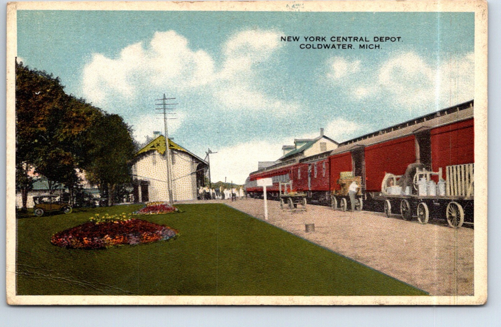 Postcard Michigan Coldwater New York Central Depot Train in Station