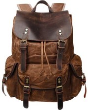 Rugged Leather and Waxed Canvas Backpack for Men, Shoulder Large Brown