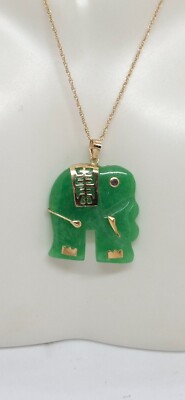 GRÜNER Jade Elefant Rubin Auge 14K Gelbgold Anhänger 18'' 14k YG Seil Kette