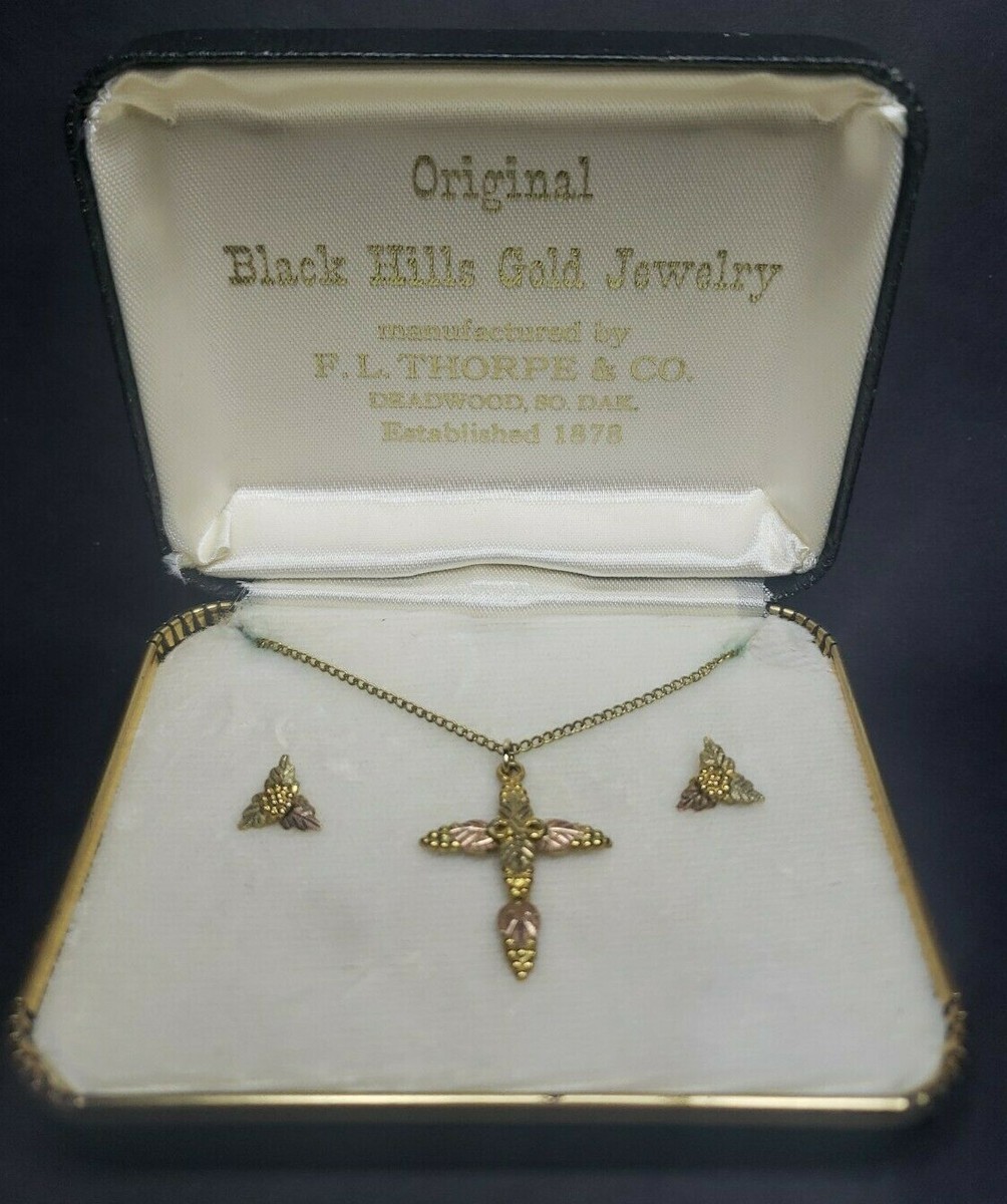 FL Thorpe Black Hills Vintage 10k gold Cross on Chain & Earrings