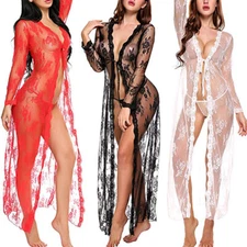 Women's Sexy Lingerie See-Through Lace Mesh Babydoll Nightwear Long Gown Dress