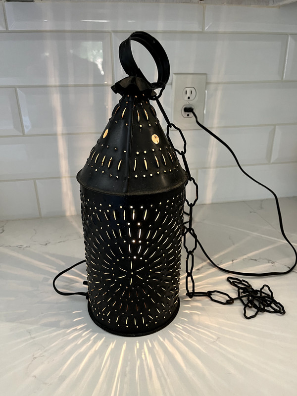 ANTIQUE HAND PUNCHED TIN LANTERN W/CHAIN, ELECTRIFIED